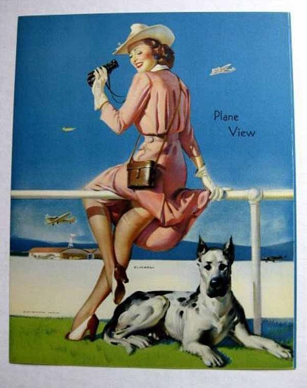 1940s Elvgren Pinup Girl Picture Plane View Woman Watch Planes w/ Great Dane