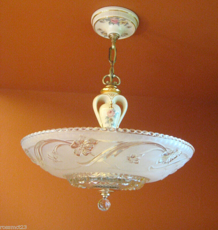 Vintage Lighting 1930s Porcelier porcelain glass chandelier   More Available