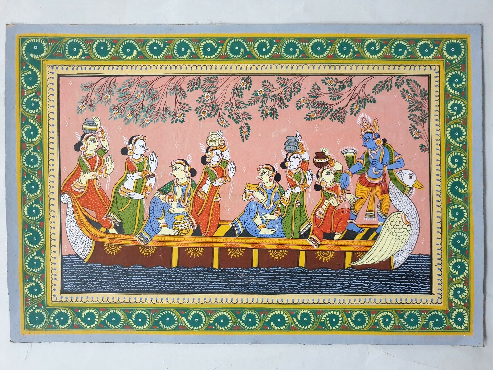 India ORISSA PATACHITRA Painting KRISHNA AND MILKMAIDS 18in x 12in