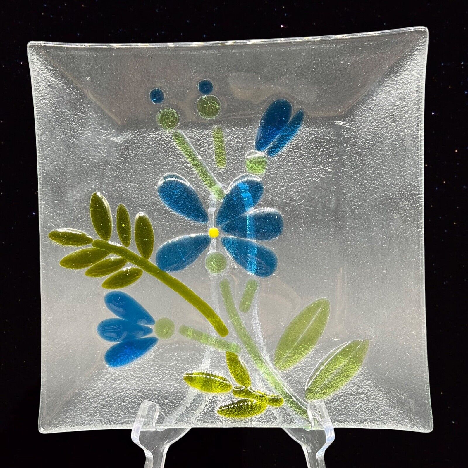 Vintage Fused Art Glass Charger Plate Platter Blue Flower Square 8.75”D Glass