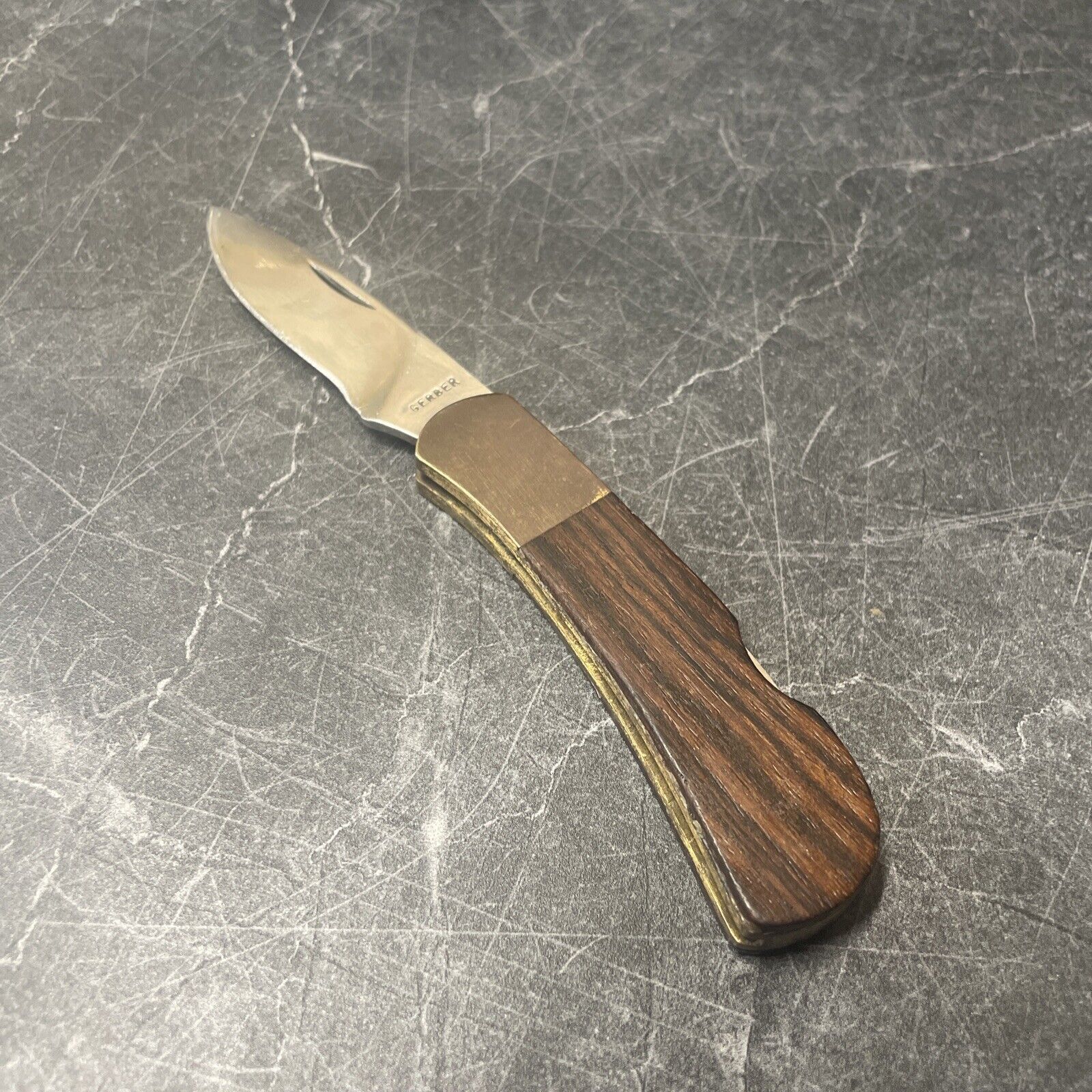 Vintage GERBER Lockback Knife-#97223 w/Wood Handles and Brass Bolsters