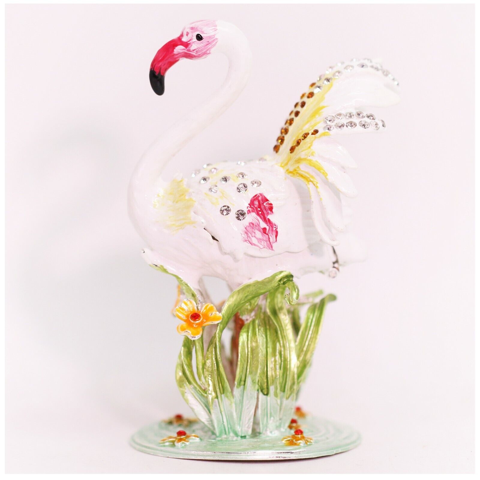 Bejeweled Enameled Animal Trinket Box/Figurine With Rhinestones-White Flamingo