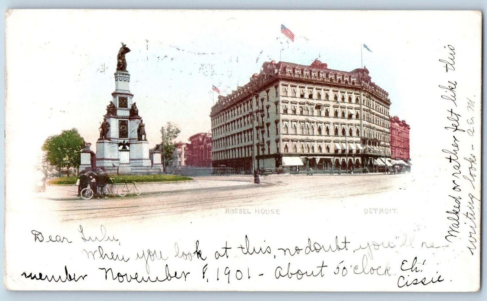 Detroit Michigan Postcard Russel House Building Exterior Soldier's Monument 1901