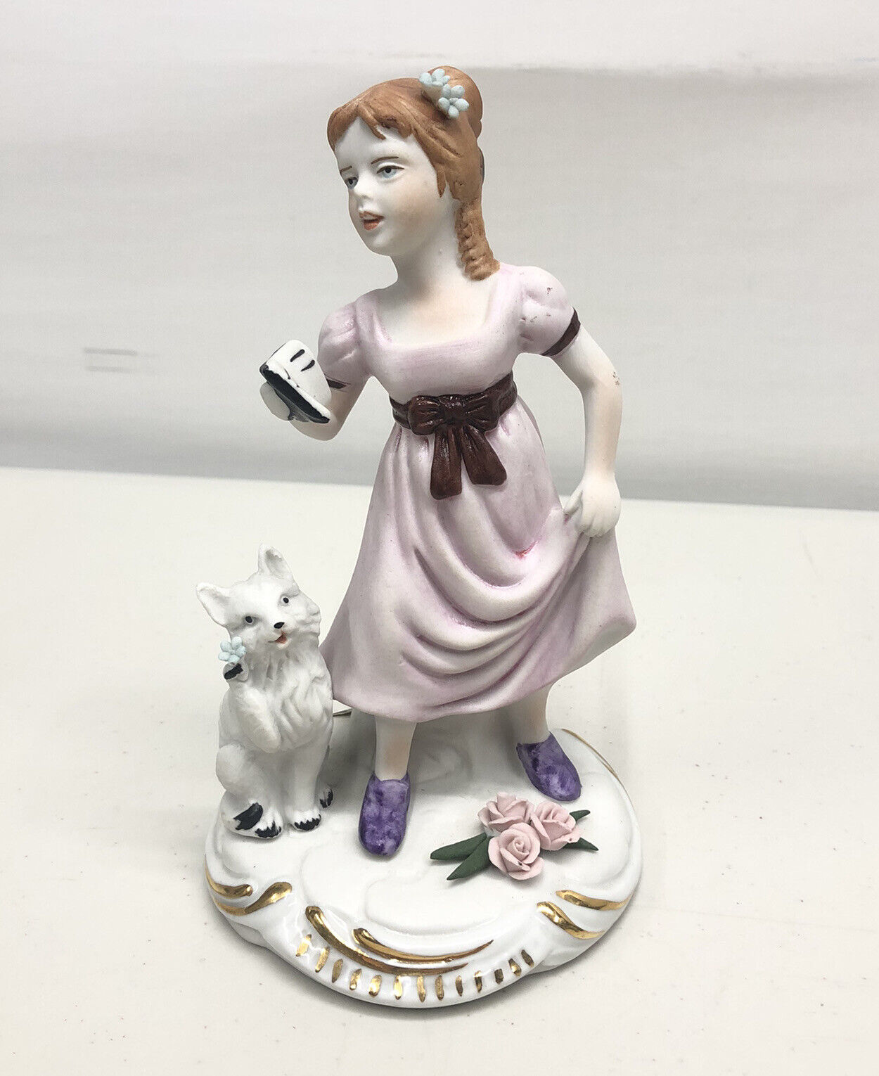 Vintage Nuova Capodimonte Singing Girl With Fox Pink Roses Porcelain Figurine