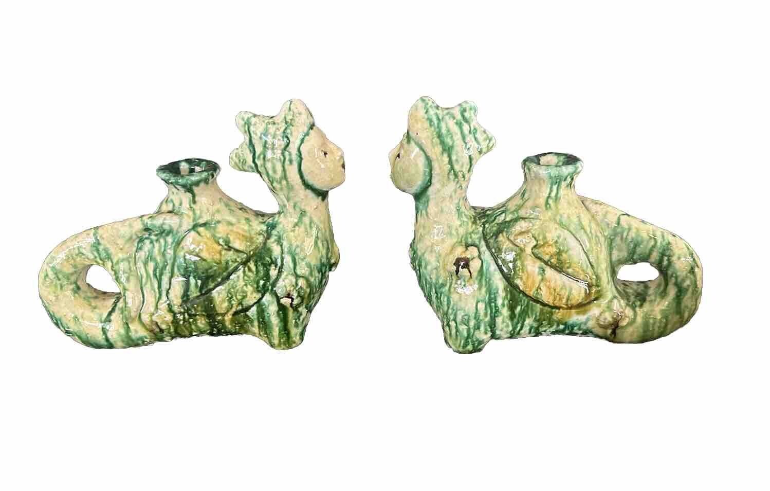 Vintage Italy Art Pottery Pair Sea Creature Figural Candleholders Neiman Marcus