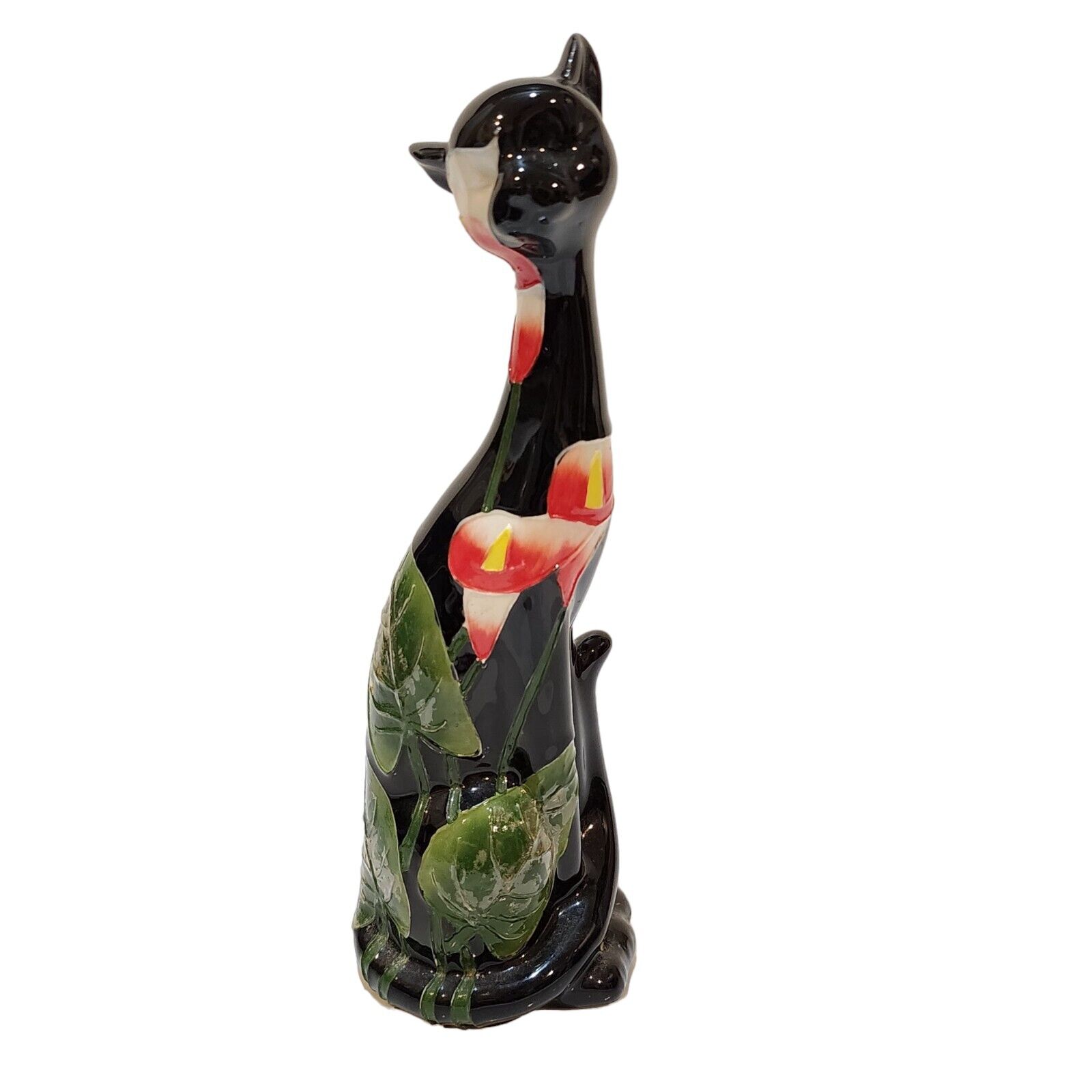 Vintage Black Ceramic Cat- Hand Painted Floral Design
