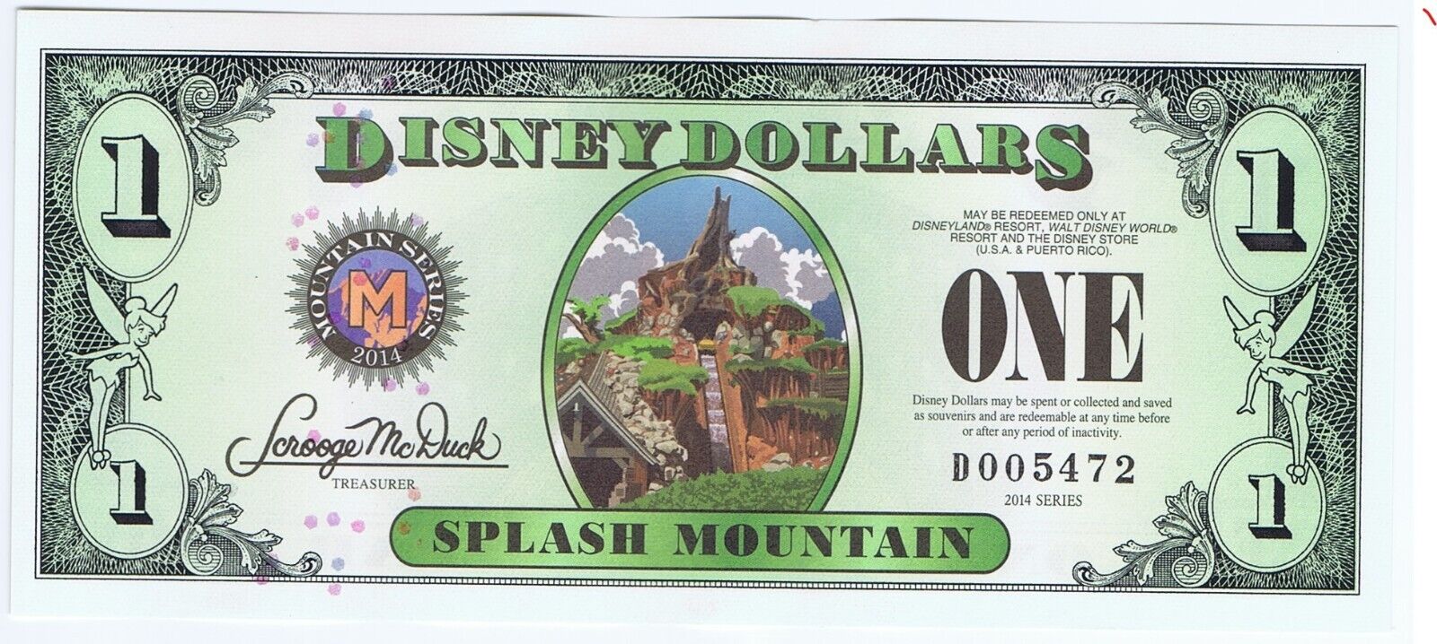 WDW 2014 $1 D RARE 4 Digit #D005472 SPLASH MOUNTAIN MICKEY Disney Dollar Dollars