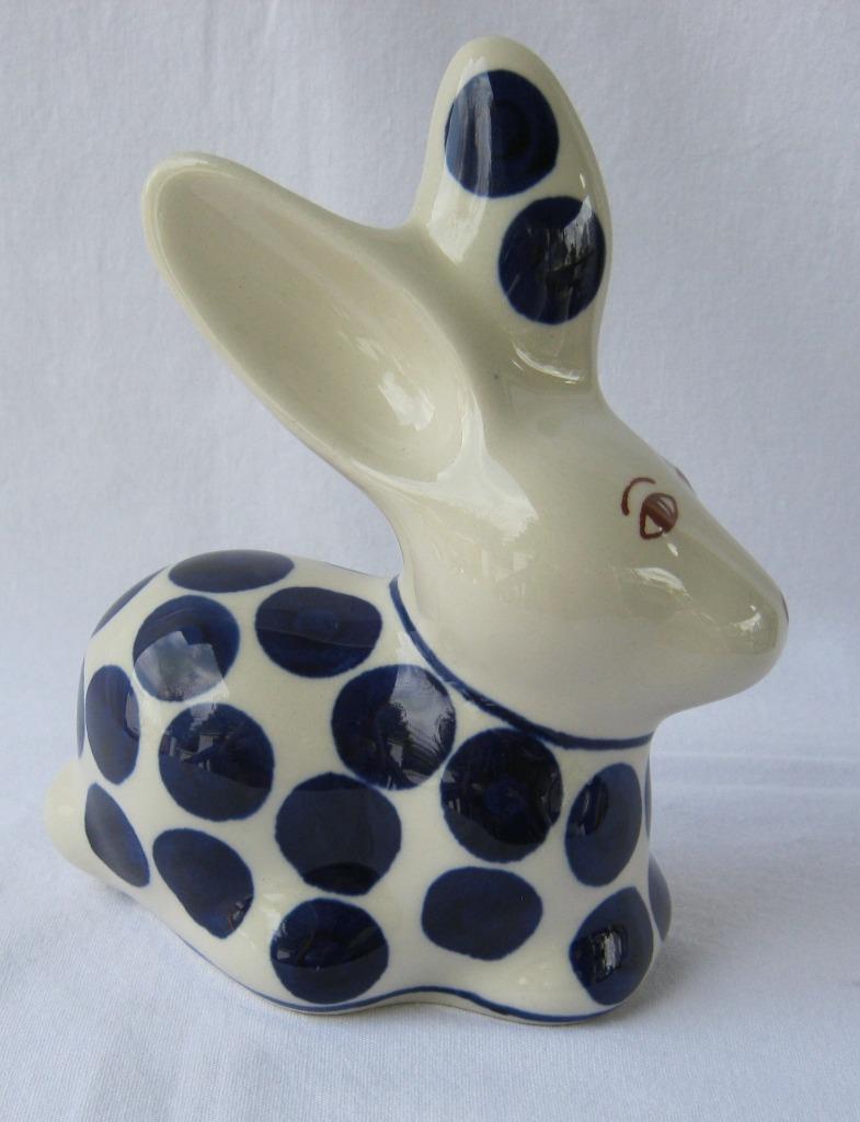 Handmade Polish Ceramic Artwork Rabbit in Blue and White Boleslawiec Pottery
