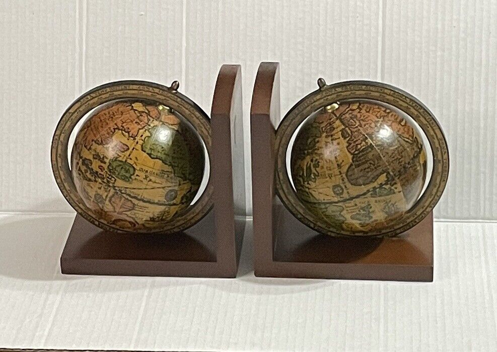 Vintage Old World Rotating Globe Bookends Made In Italy 