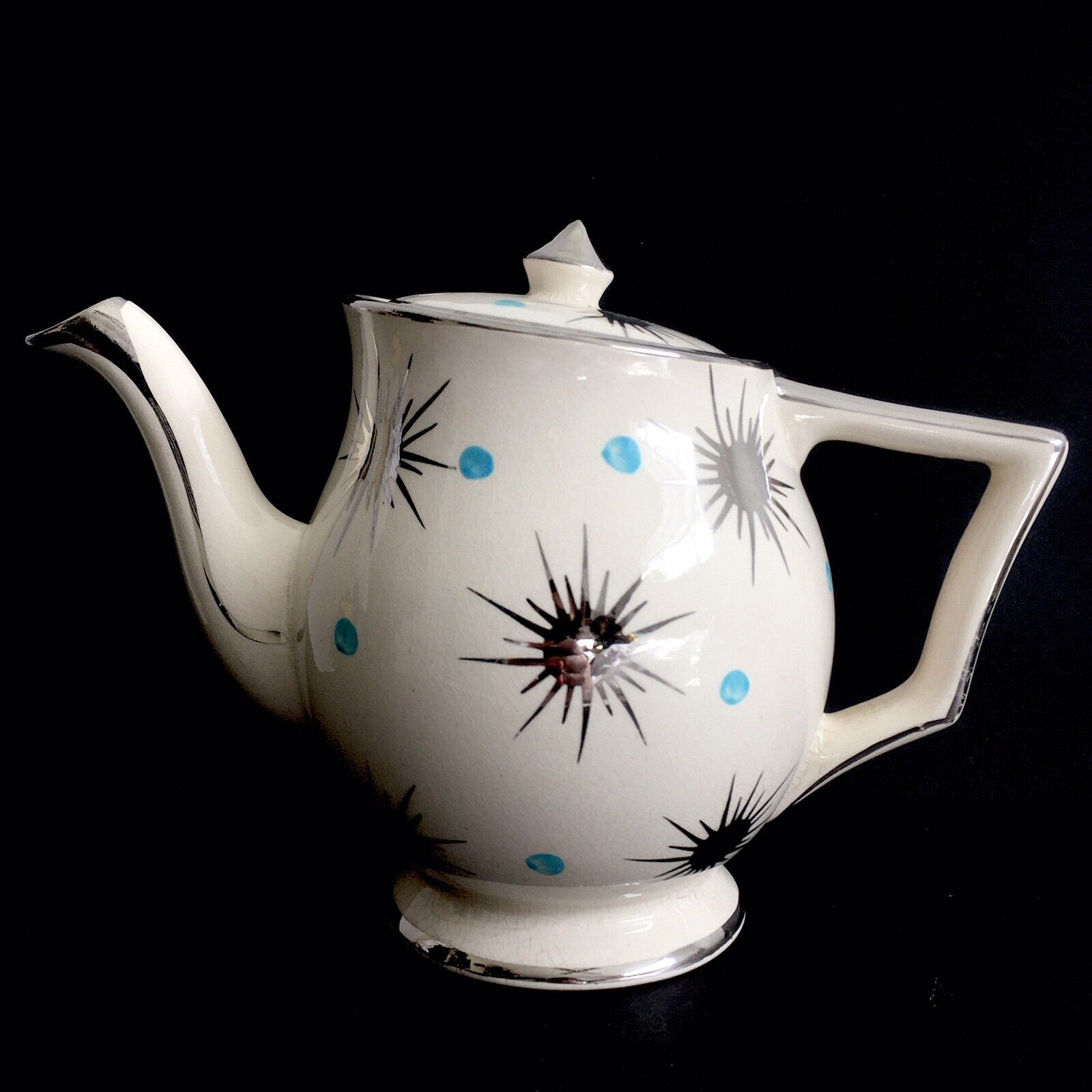 Vintage 1950s Atomic Starburst Teapot by Arthur Wood Cream & Blue Space Age Rare