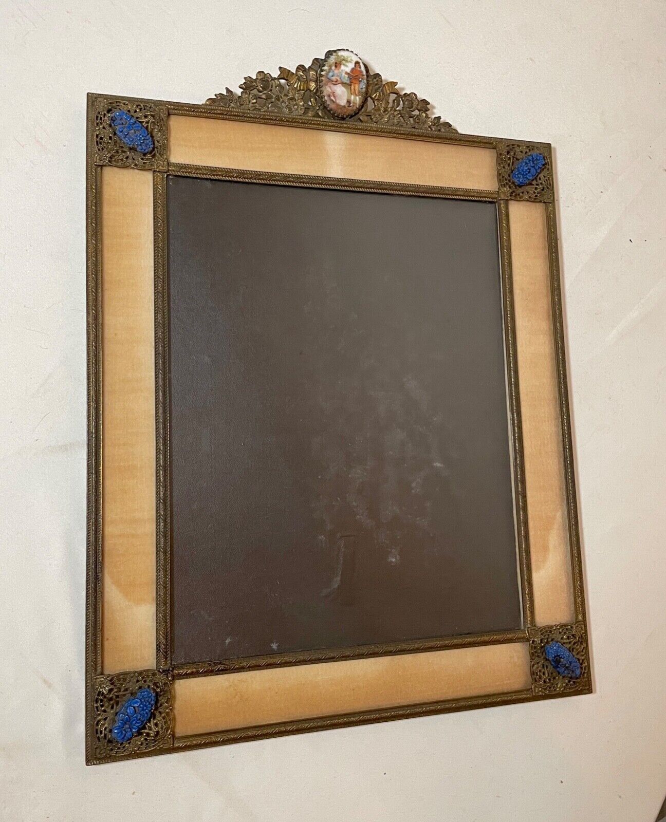 antique ornate bronze jeweled glass velour victorian wall mount picture frame