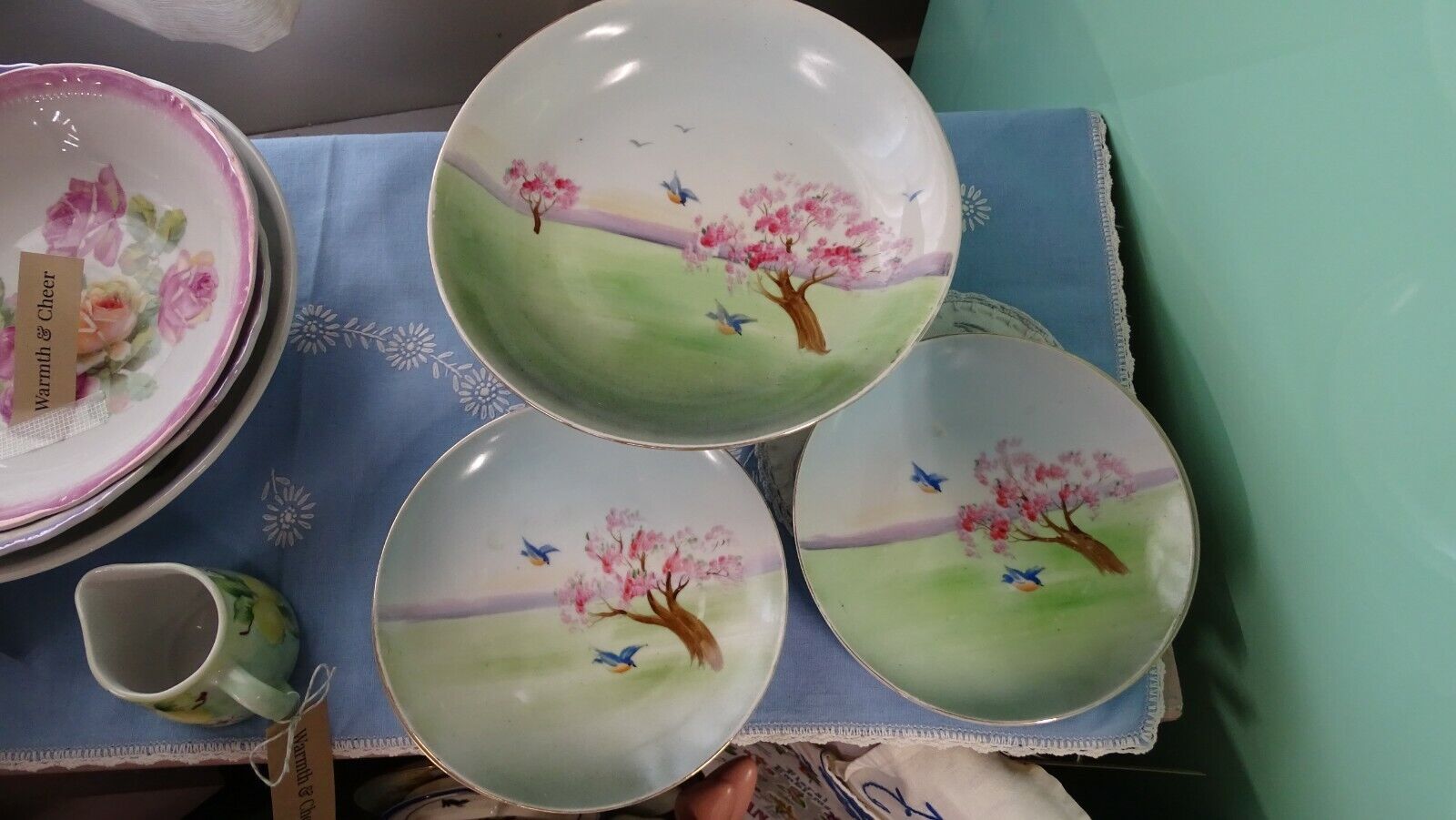 Vintage Hand Painted Nippon Dessert Set with Six Bowls and Stand