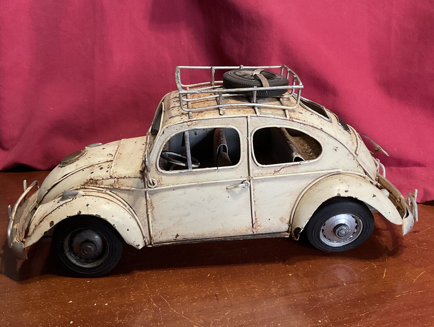 RETRO TIN VOLKSWAGEN BUG WITH ROOF RACK DISTRESS LOOK -HOME DECOR 13”L X6”W X5”H