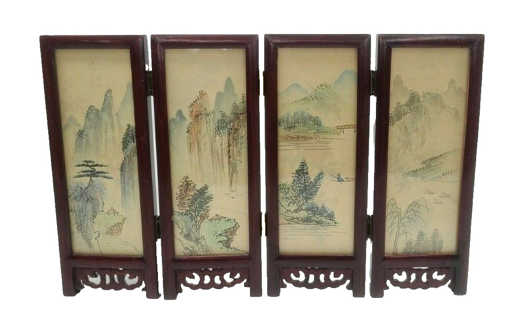 Vintage Tabletop Miniature Asian Room Dividing Screens Hand Painted Both Sides 