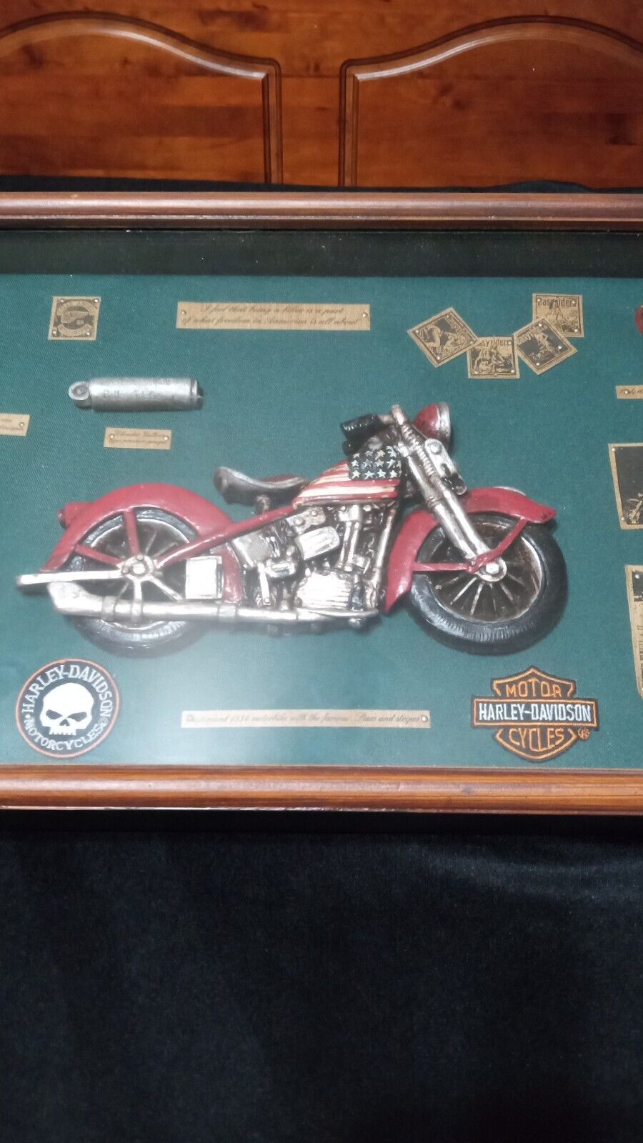 Harley-Davidson Shadow Box Wood Frame 1936 Harley Davidson Motorbike Stars EUC
