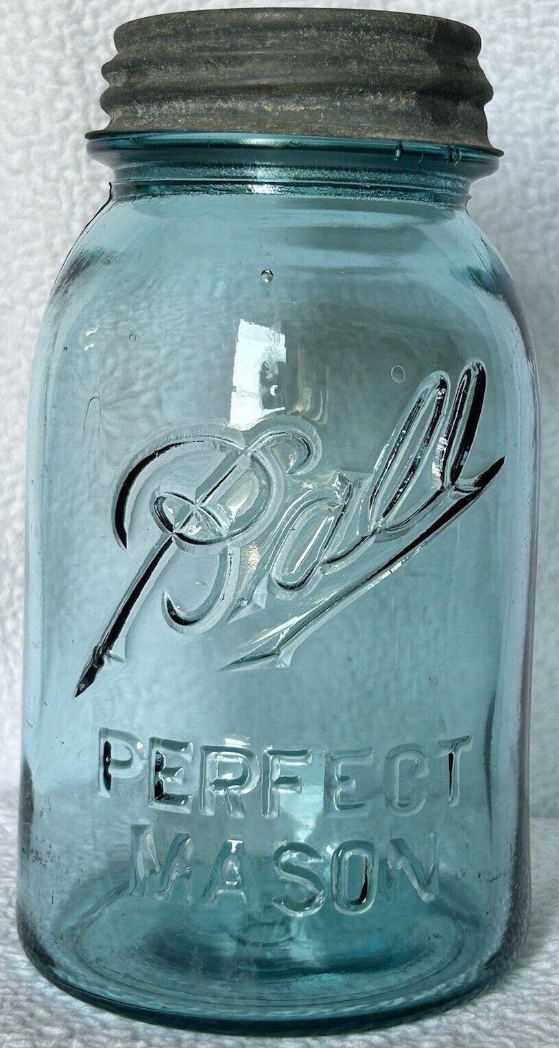 Ball Canning Jar Perfect Mason 1 Quart Aqua Blue Mold #4l8 Vintage 1910-1923