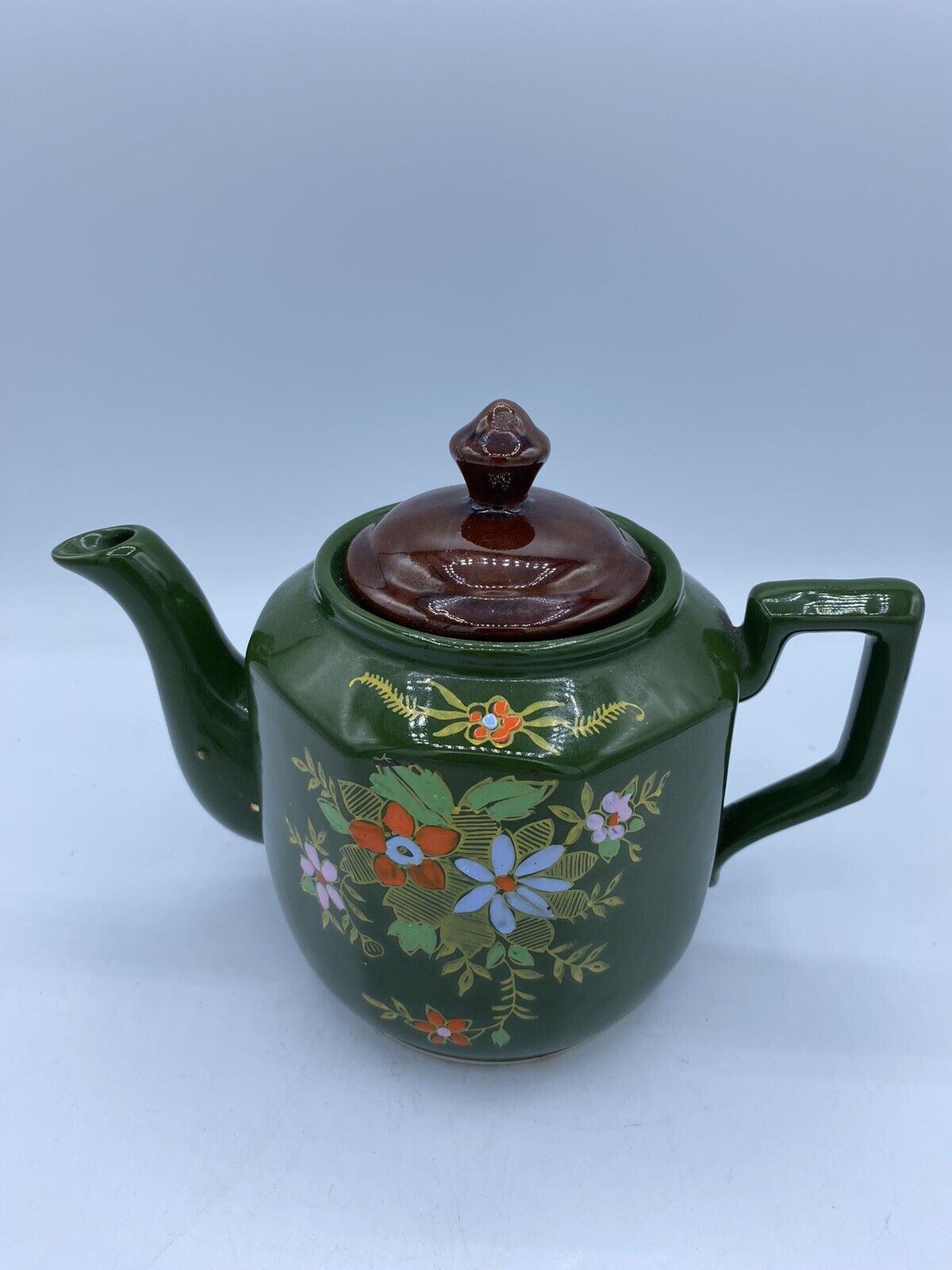 Vintage Hunter Green Teapot Hand Painted Flowers Made in Japan