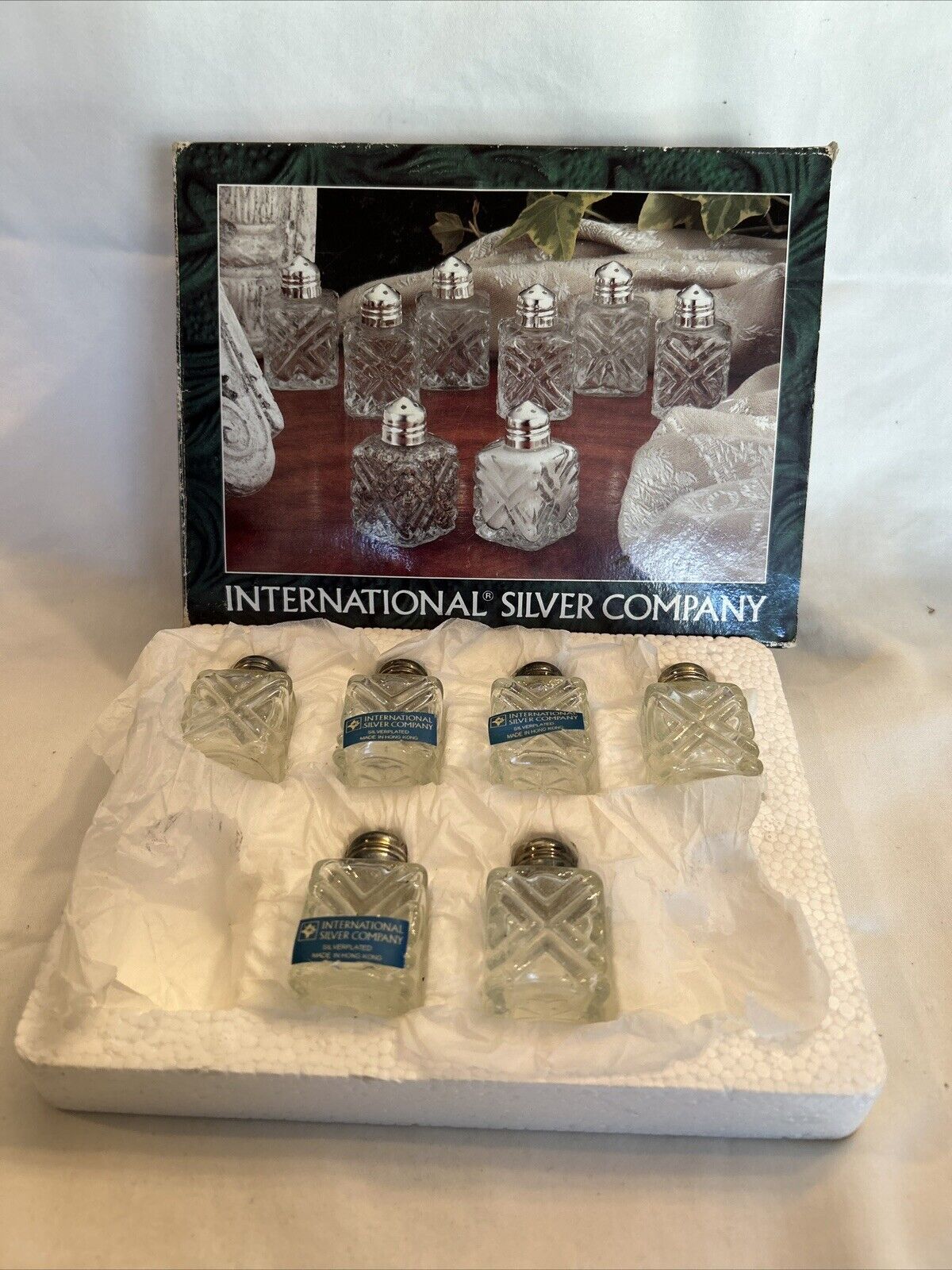 International Silver Company Silver Plated Miniature Salt Pepper Shakers & Box