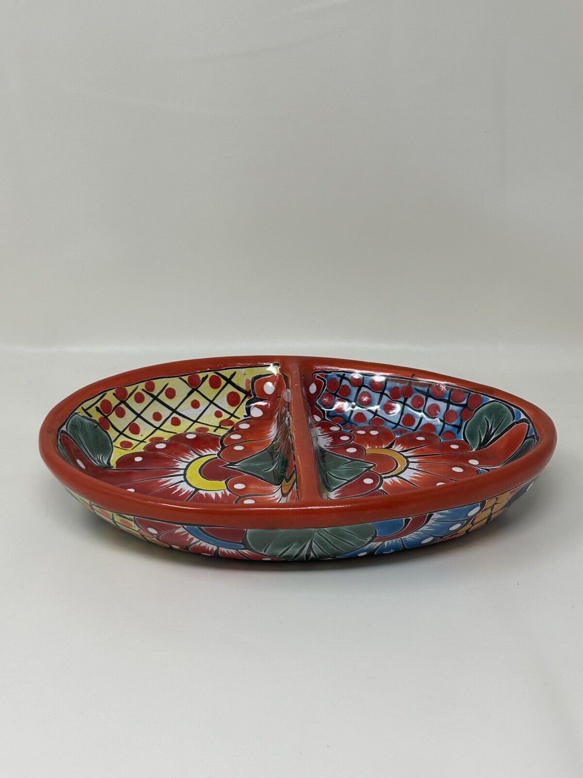 Mexican Ceramic Dish Divided Oval Shaped Signed Multicolor 9 1/2 Inch Long