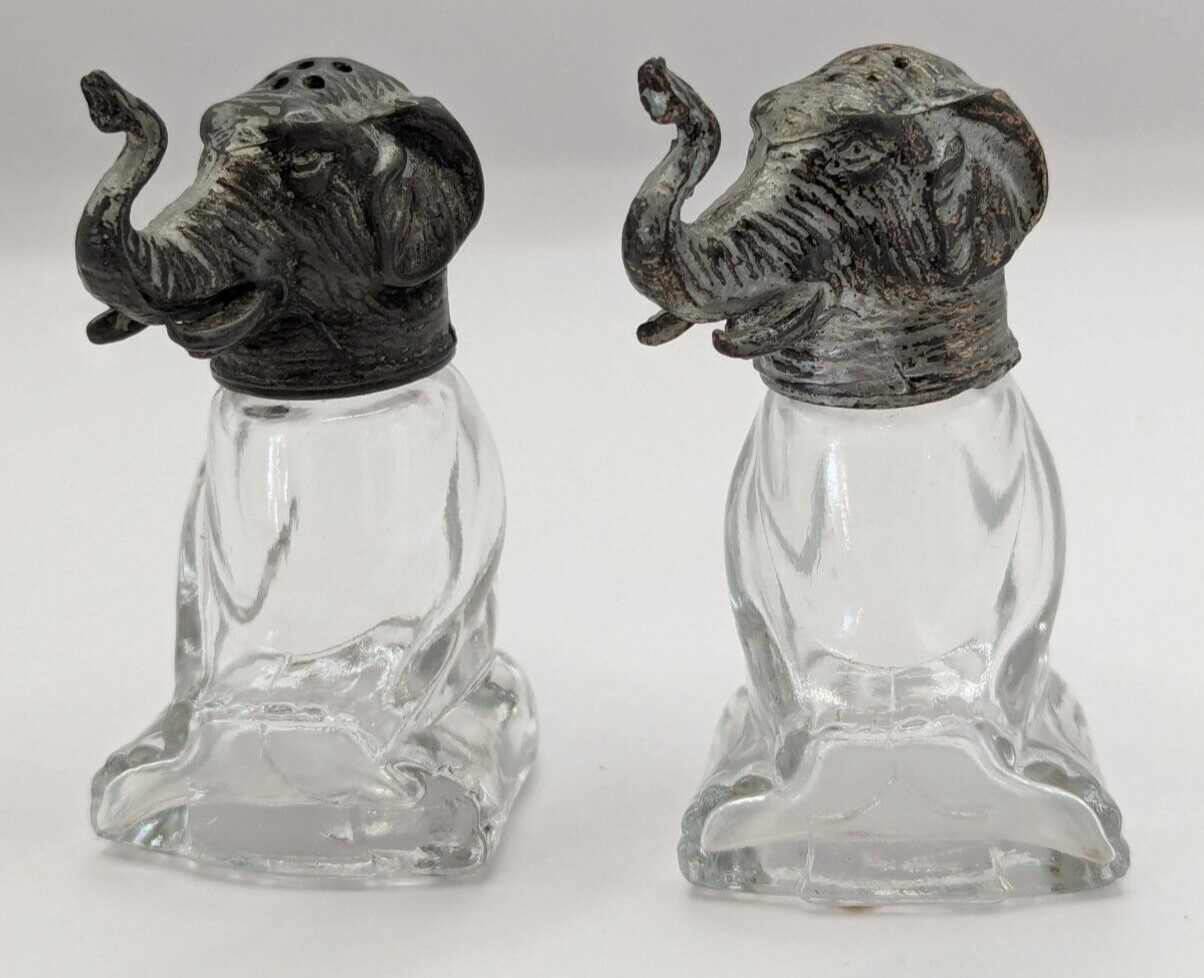Antique Glass Metal Elephant Salt & Pepper Shakers 1920\'s