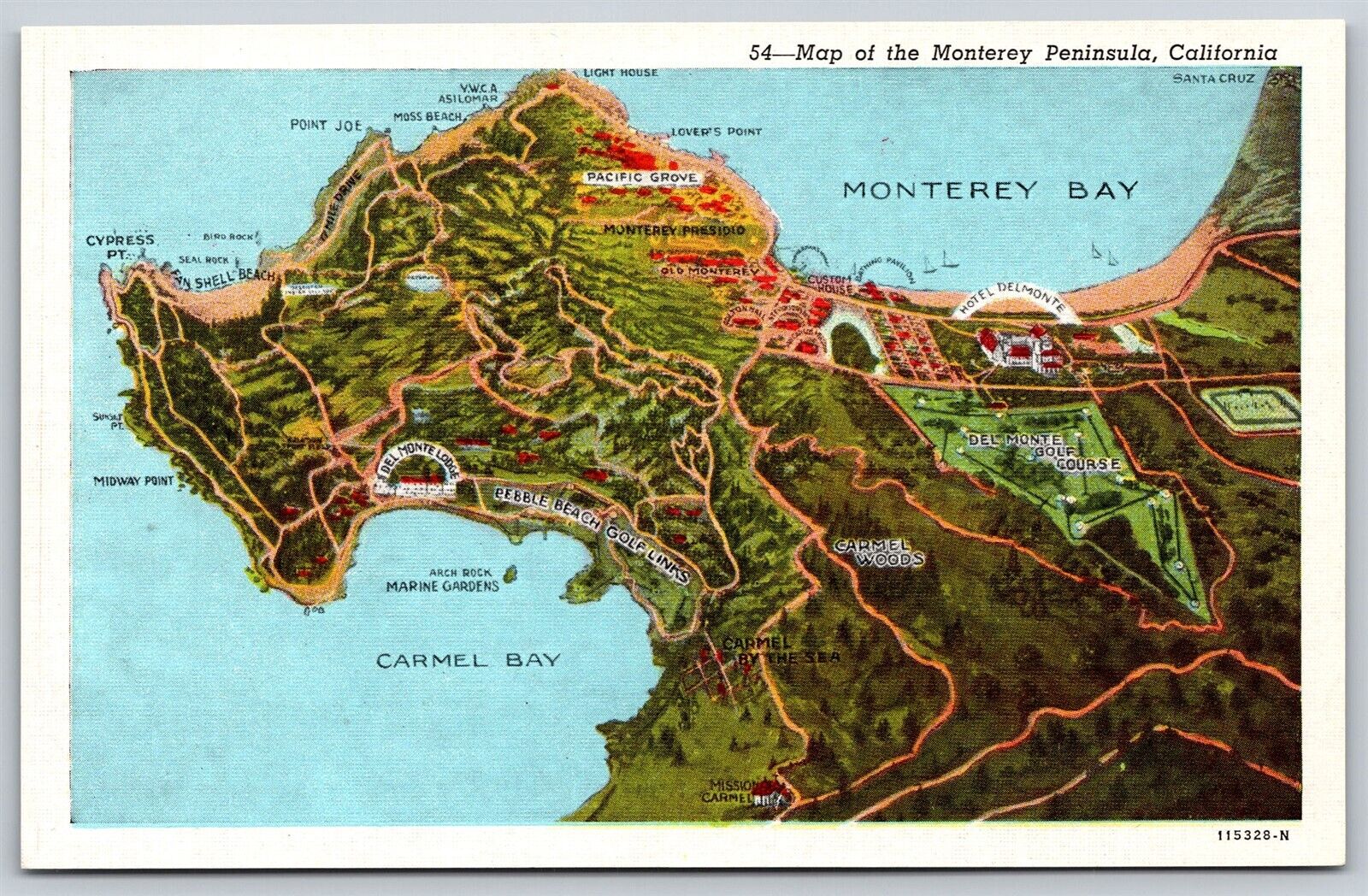 Postcard #54 Map of the Monterey Peninsula, California wb unused N141
