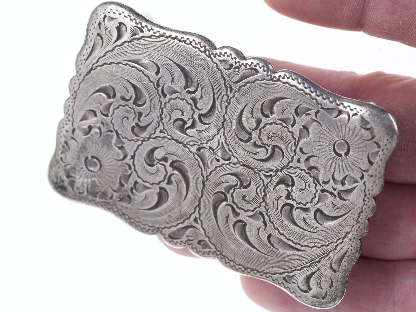 Vintage Diablo Hand Engraved Sterling silver overlay belt buckle