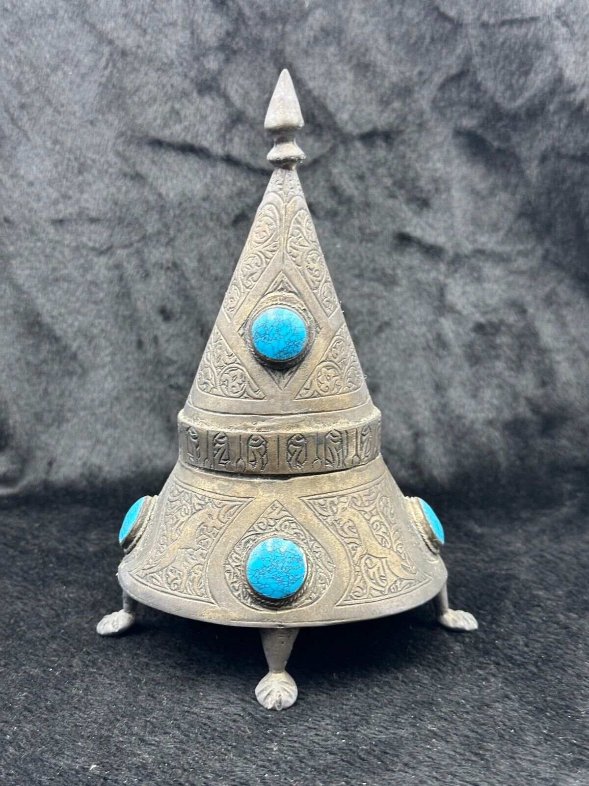Antique Islamic White Metal Box Museum Quality Depicting Art & Turquoise Stone