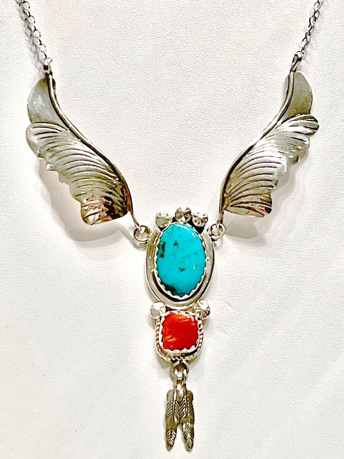 Beautiful Signed Navajo Feather, Coral & Turquoise Sterling Necklace by \