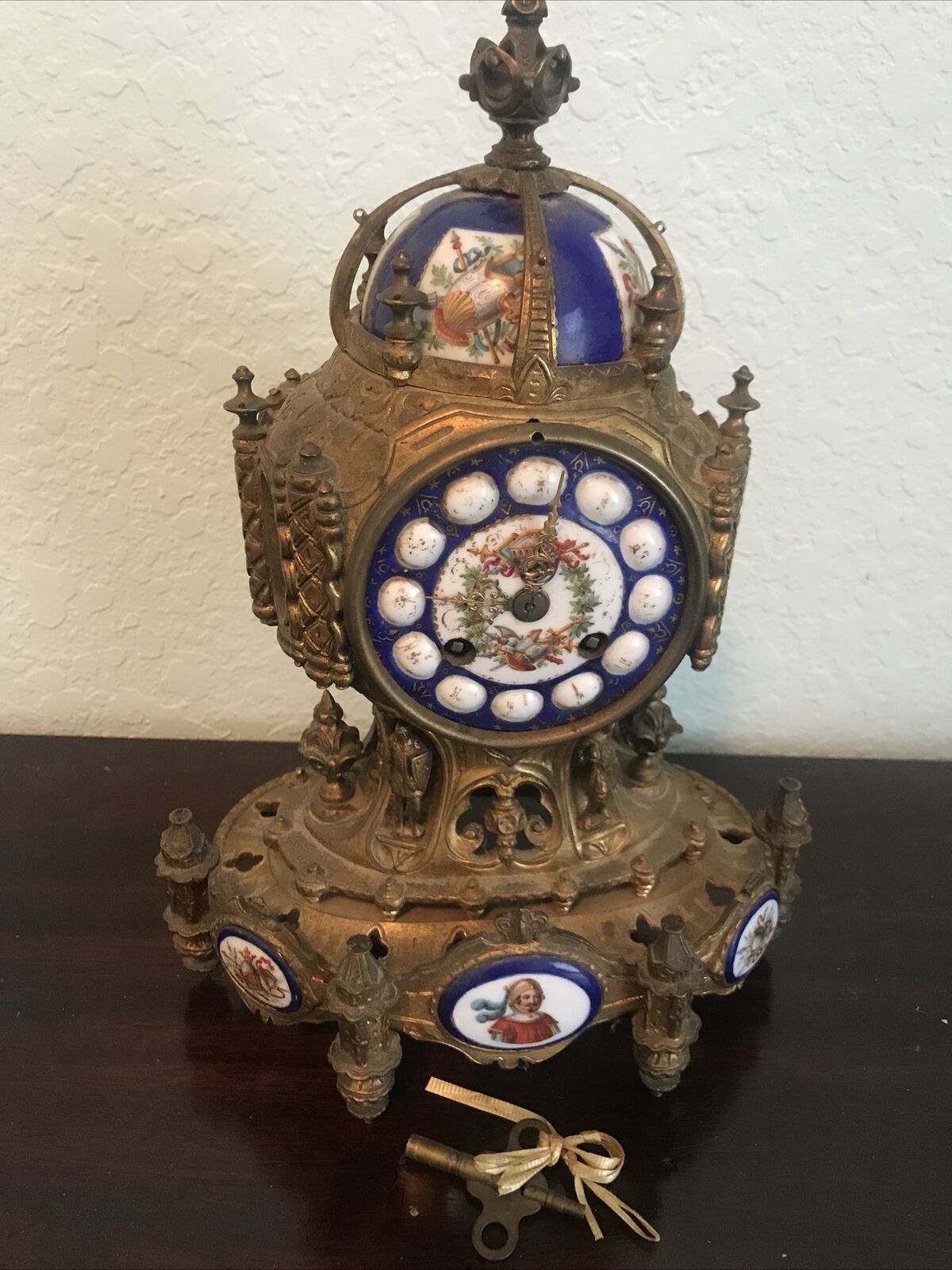 Antique Vintage Ormolu Porcelain Jean Baptiste Delettrez Clock Glass Back
