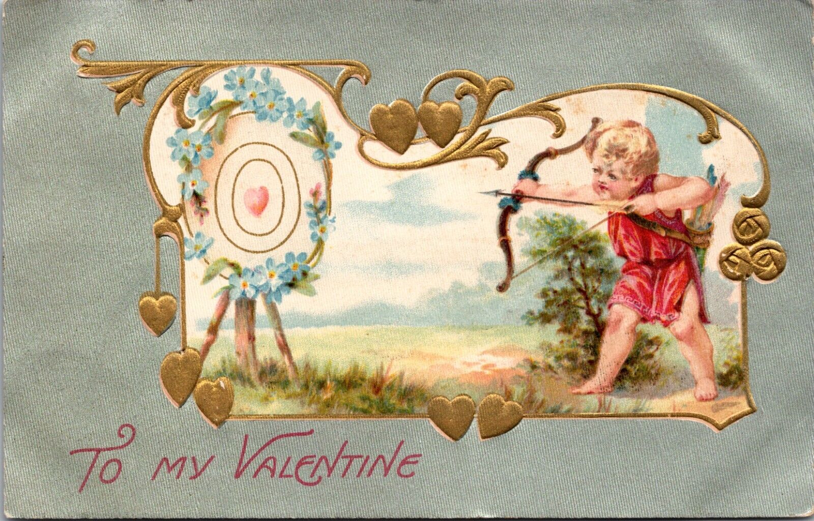 Valentine Postcard Winsch Back Cupid Bow Arrow Shoots Target Heart Silver Moire