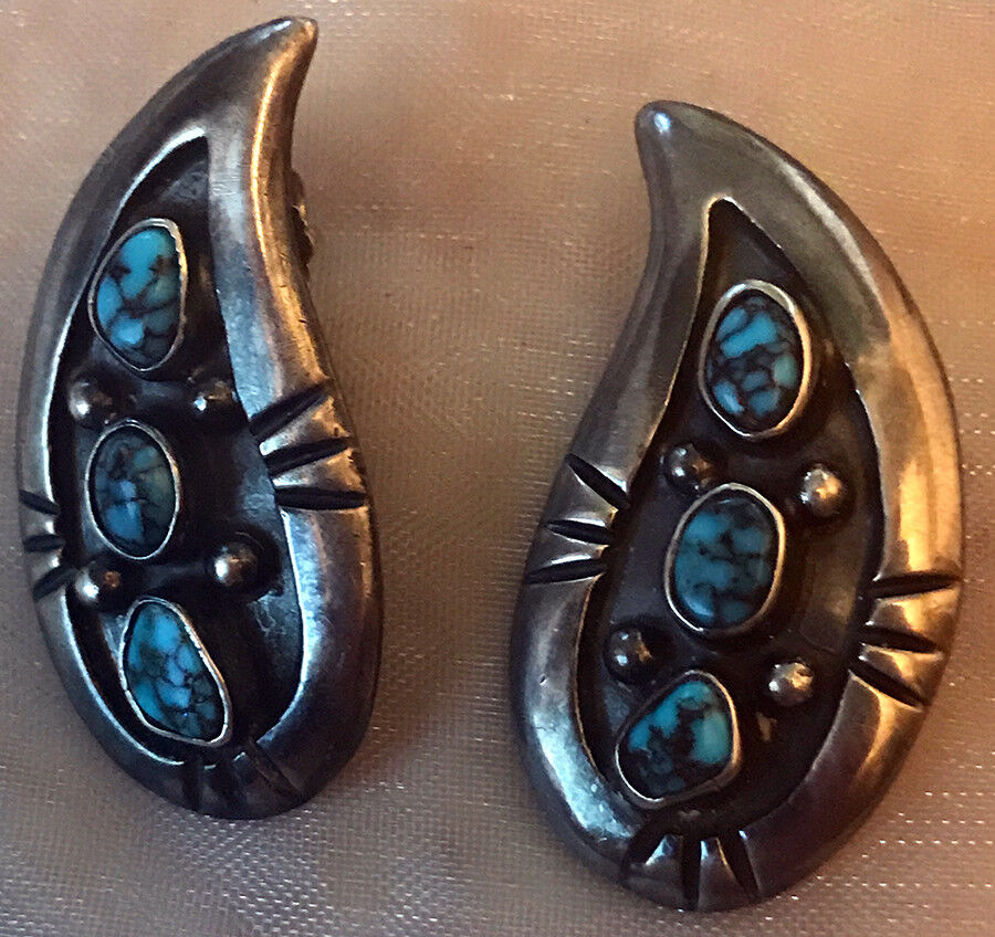 1950s Native American Earrings Spiderweb Burnham Turquoise Sterling Silver .925