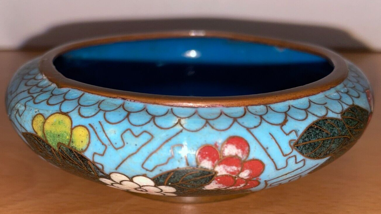 Vintage Cloisonné Blue Floral 4” Enamel on Metal Covered Dish | Lovely