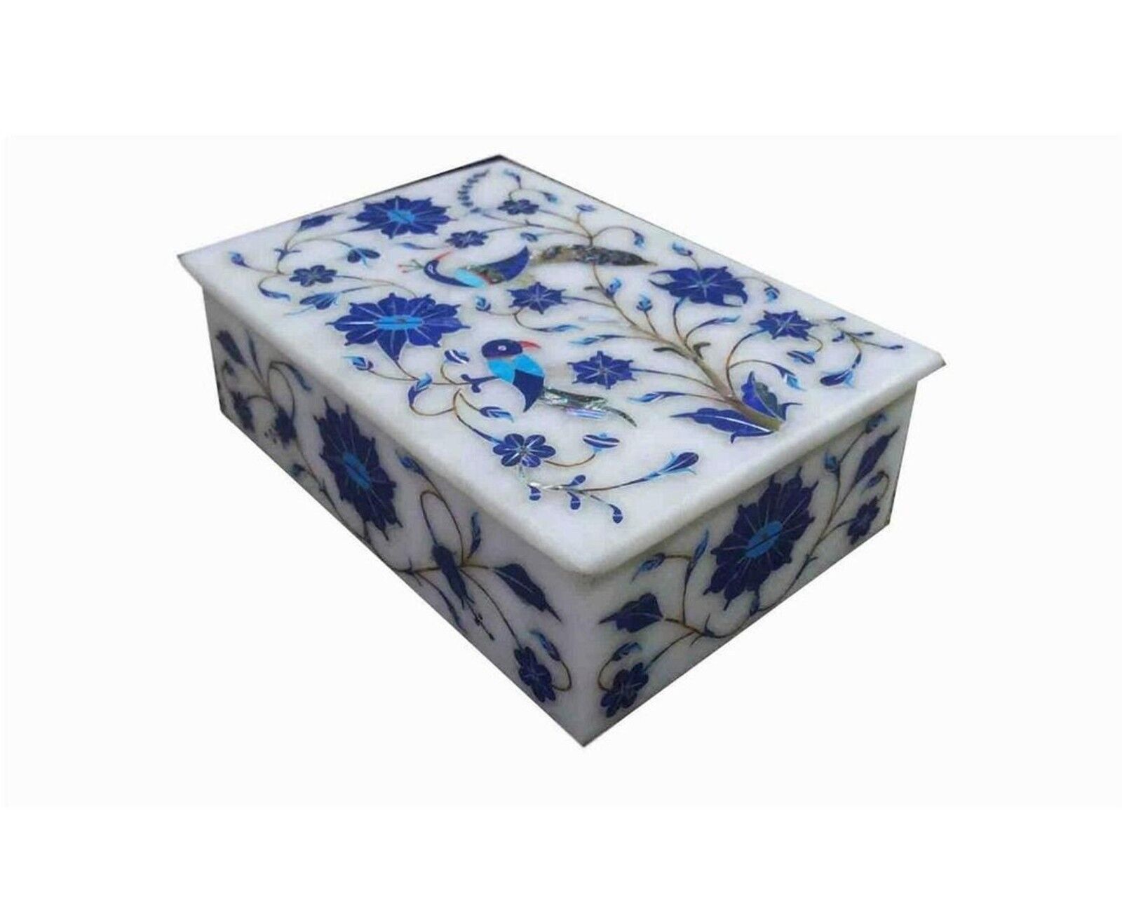 Rectangle Marble Jewelry Box Nature Pattern Inlay Work Dressing Table Decor Box