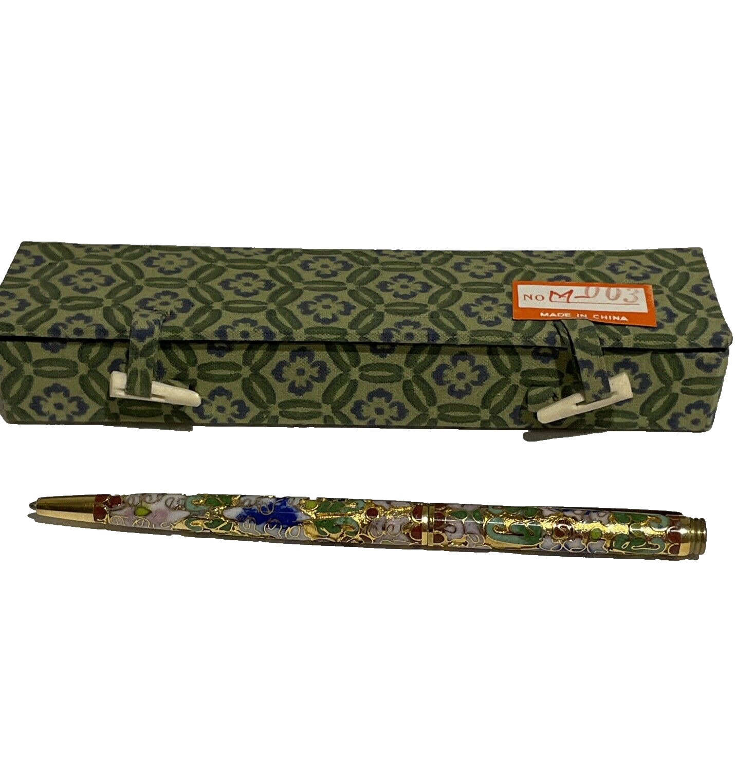 Vintage Cloisonne Enameled Ball Point Pen In Box Chinese Floral Art NEW READ