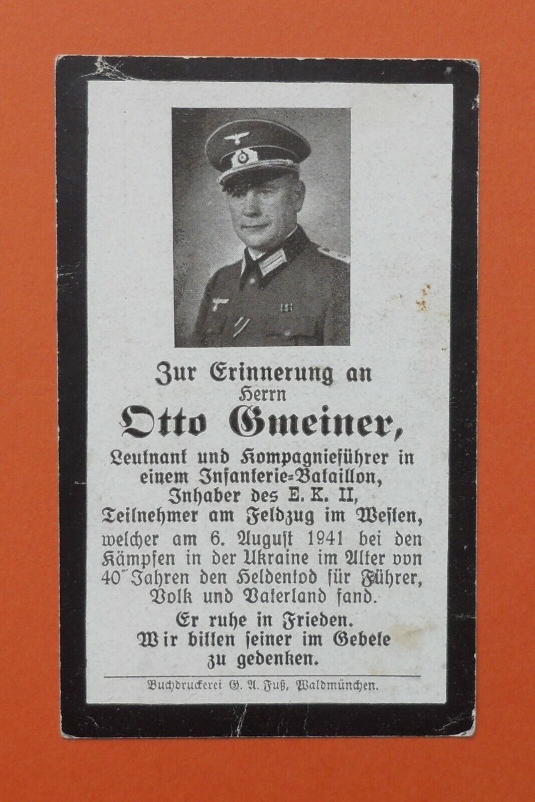 WW2 German Death Card Sterbebild Officer & Company Commander EK2 Ukraine 1941