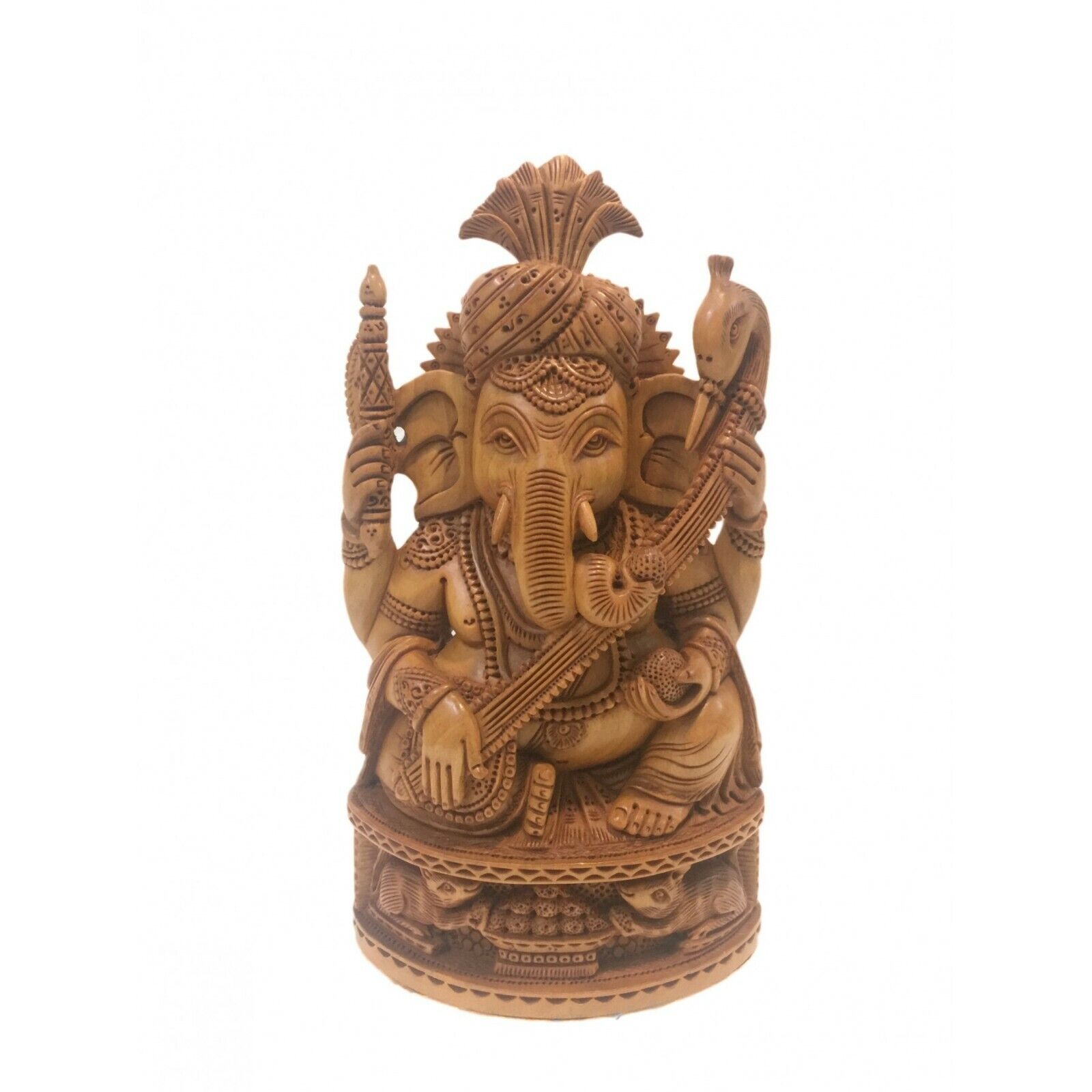 Beautiful Handcrafted Wooden Lord Ganesh / Ganesha With Pagdi Statue From India 