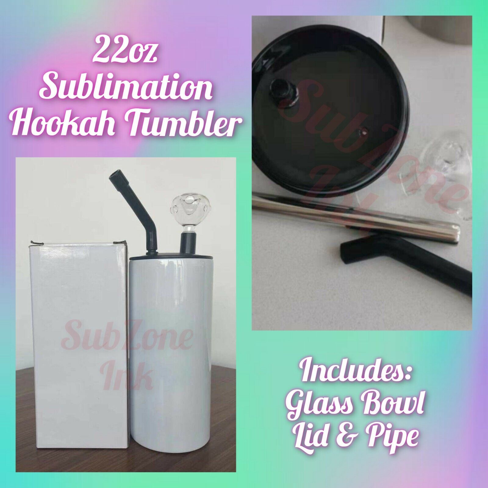 22oz Sublimation Hookah Tumbler Straight Blank w/ Glass Bowl, Lid and Pipe