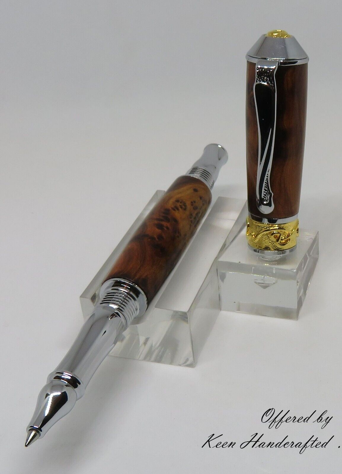 pd - Keen Handcrafted Thuya Burl Broadwell Nouveau Sceptre Chrome/22kt Gold Pen