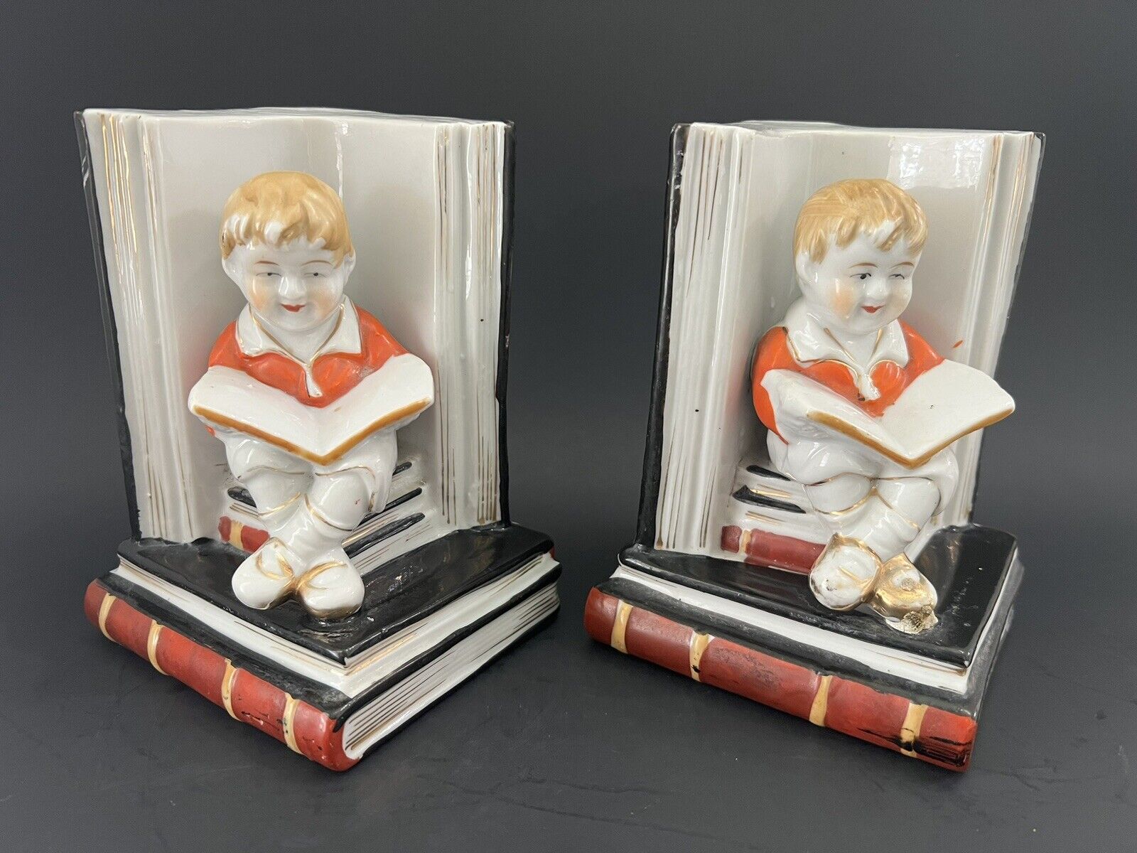Antique WW11 Era Ceramic Bookends Pair Little Boy Reading Books Nursery Bedroom