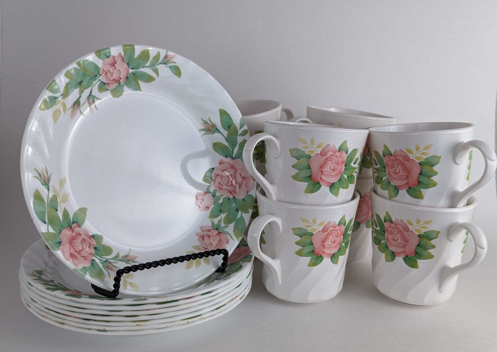 Corelle by Corning Ware Elegant Rose Swirl 16-Piece Cup & Bread Plate Set MINT