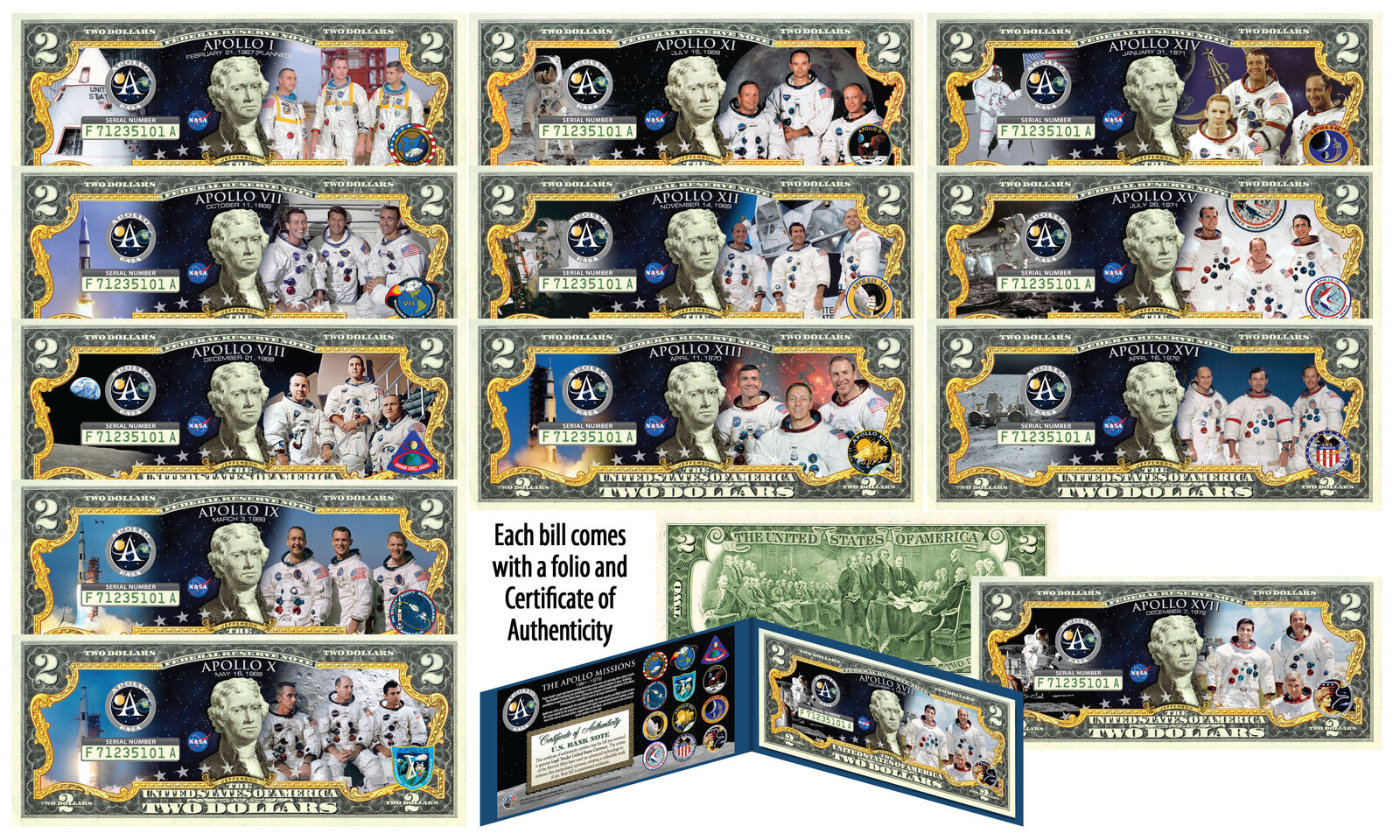 THE APOLLO MISSIONS Space Program NASA Astronauts Official $2 Bills - SET of 12