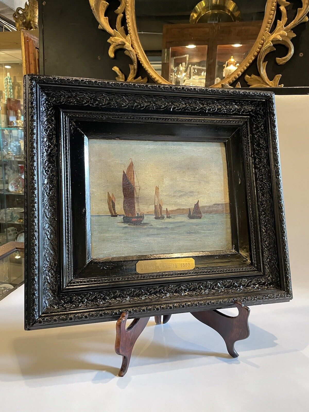 1893 Victorian English Oil on Canvas Framed Maritime Painting Signed G. Smith