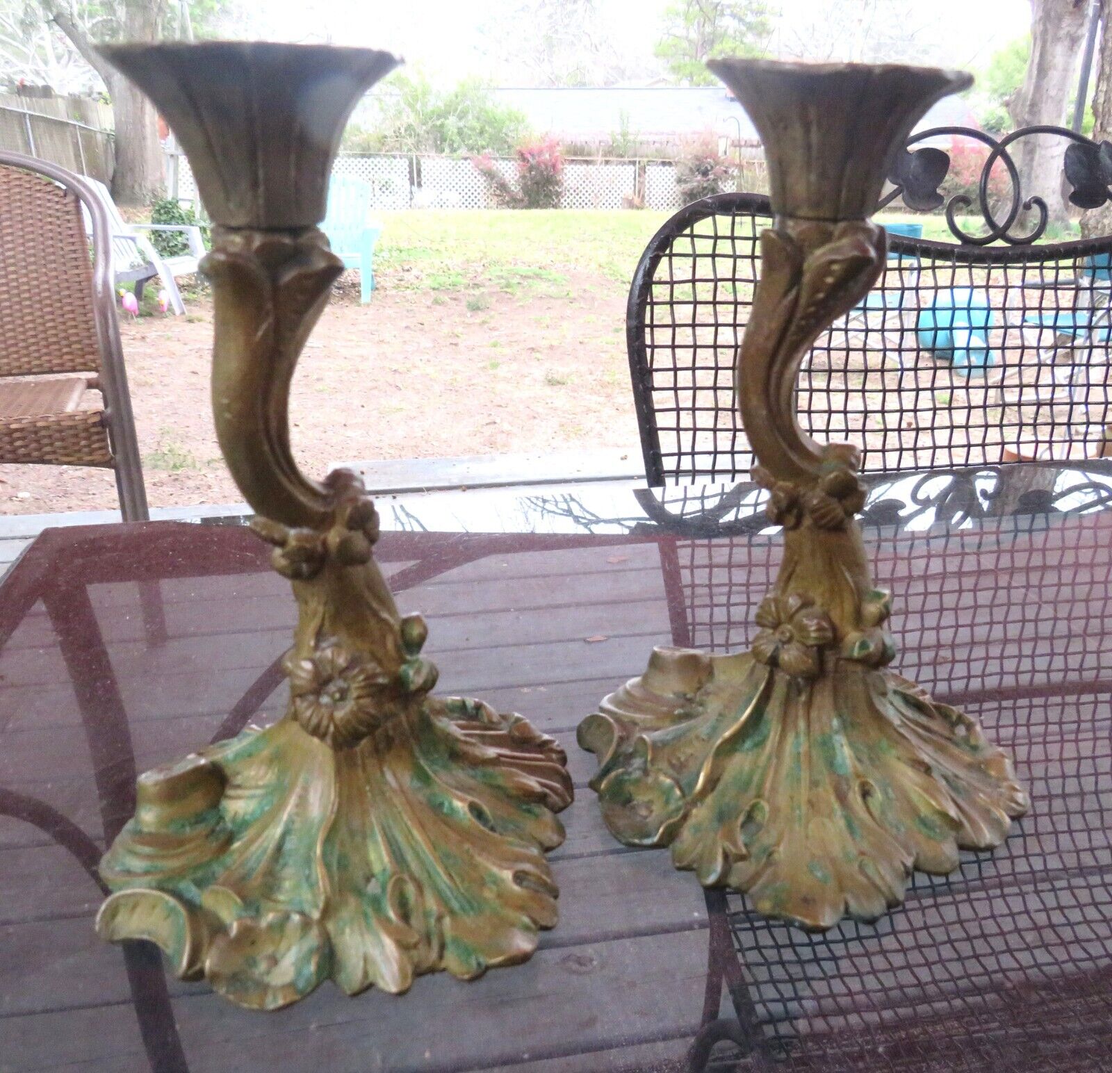 GORGEOUS~PAIR OF FRENCH Bronze Candle HOLDERS~ORNATE FOWERS AROUND THE AND BASE~