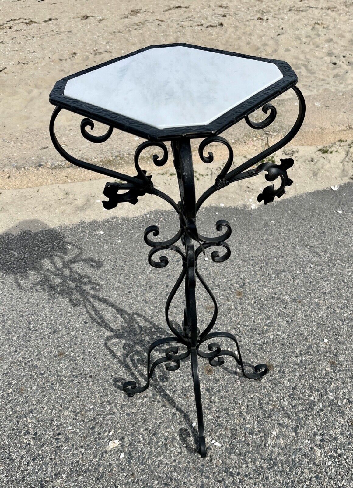 Marble Top Iron Stand Vintage Scrolled Wrought Iron Indoor Outdoor Garden