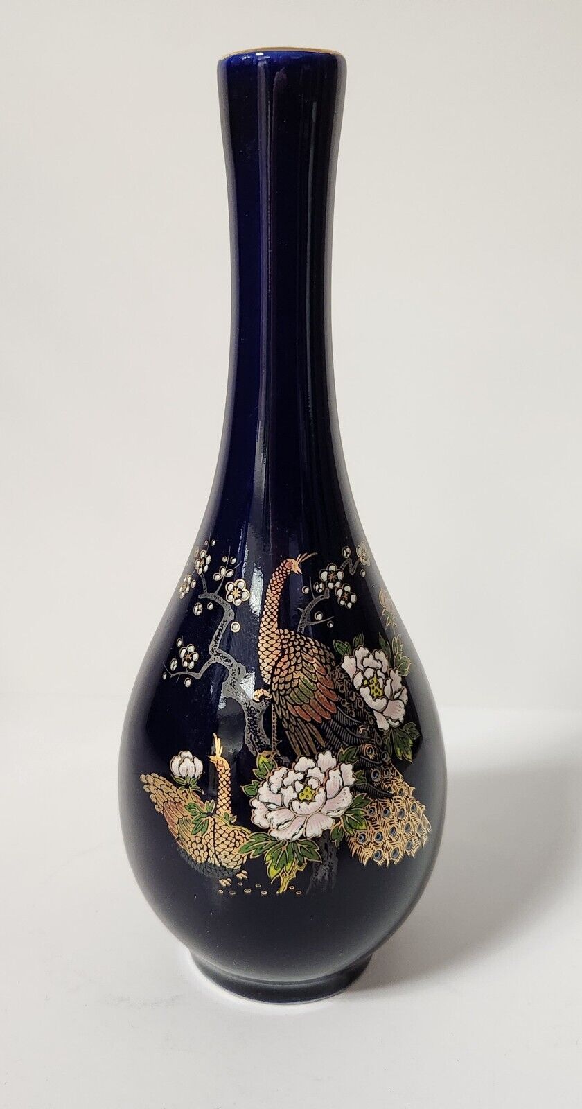 Vintage Japanese Blue Peacock & Flower Vase