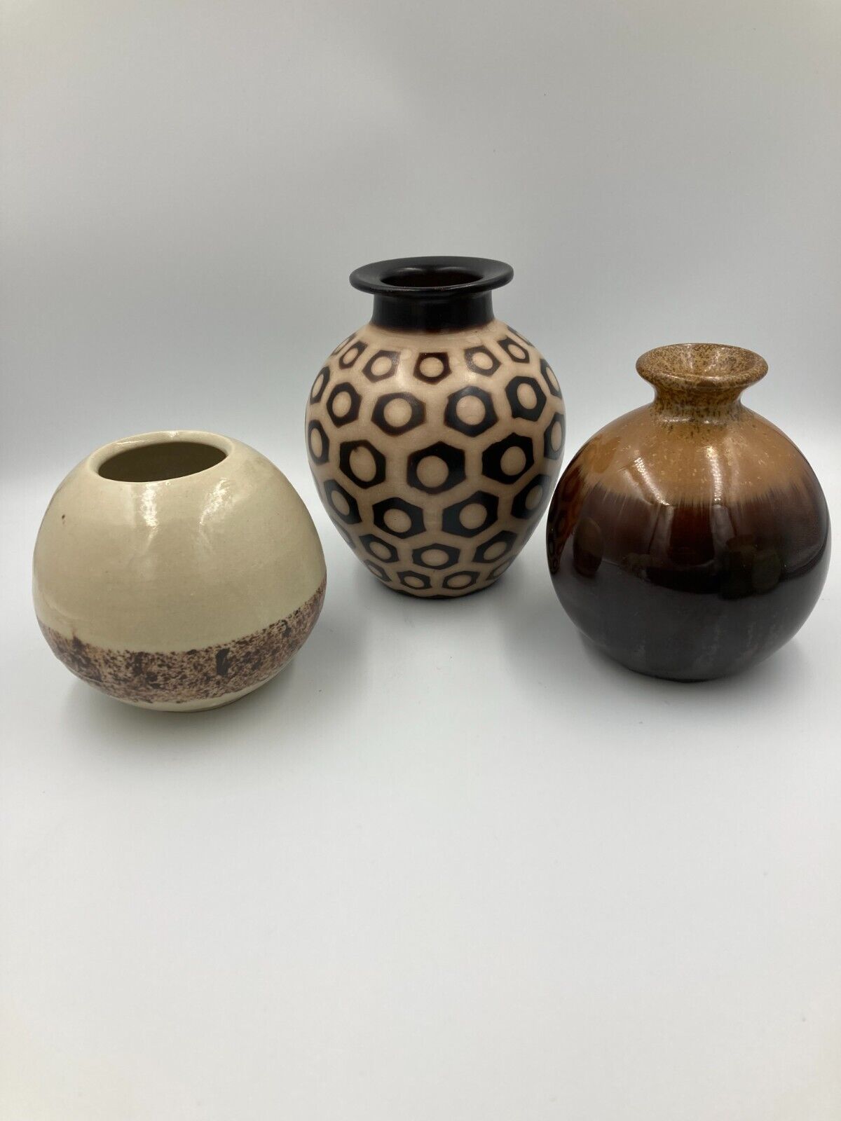 lot THREE decorative vases - mixed ages and origins - earthy browns & 