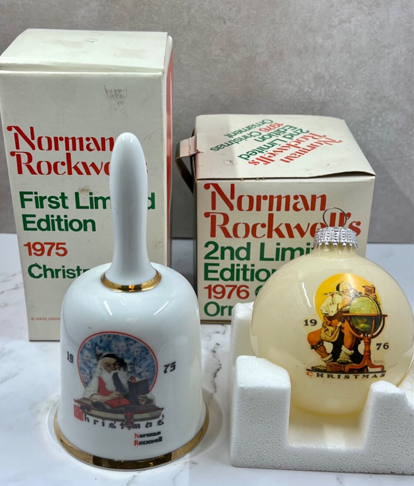 Vintage Norman Rockwell First & Second Limited Edition Ornament and Bell Boxed