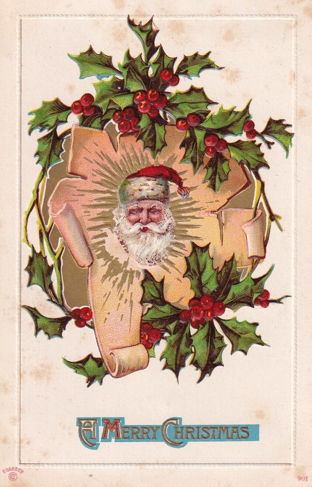 Vintage Merry Christmas Postcard 1900s Santa Claus St Nick Mistletoe Red Berries