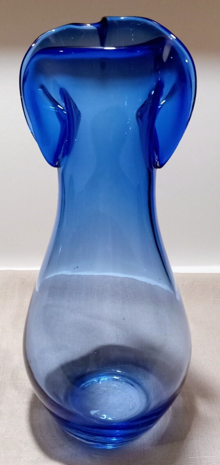 Royal Blue Clear Cased Art Glass Vase Folded Clam Shell Rim Murano ? Czech ?