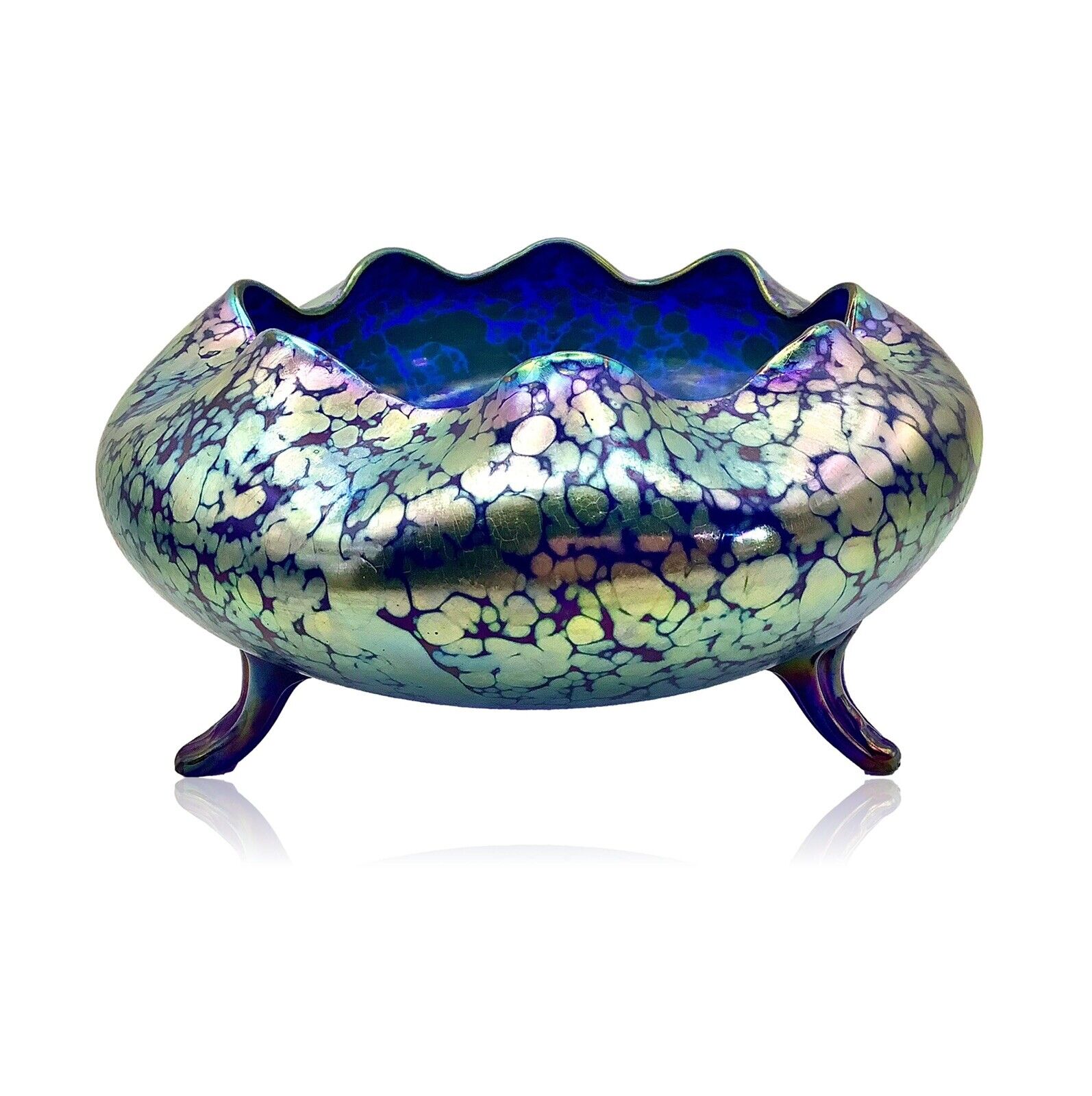 Antique Loetz Cobalt Papillon Art Glass Footed Bowl